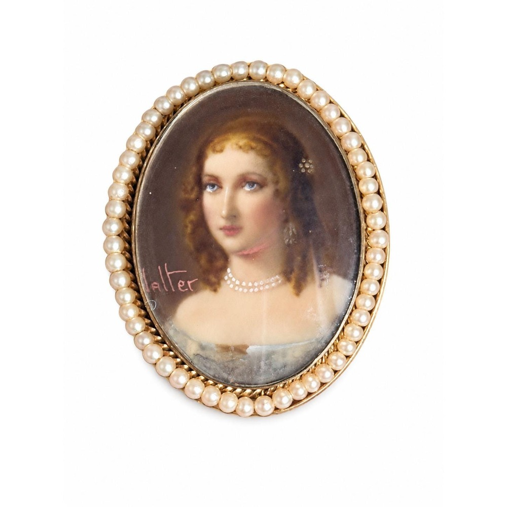 Vintage Italian Miniature Portrait Brooch Pendant Hand Painted Faux Pearl Walter